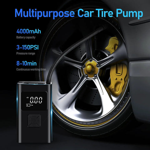 Plug And Play 150 Psi Tire Inflator Fast Fill Air Compressor Digital Gauge Auto Shut Off Pocket Power Tool attached to car tire.