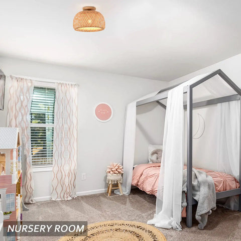 Dope Boho Rattan Semi Flush Mount Ceiling Light With Bamboo Wicker Shade in nursery, showcasing cozy soft glow and farmhouse charm.