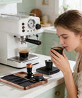 Heavy Duty Wooden Espresso Tamper Station Holder Fits 51mm To 58mm Portafilters with coffee and user in a cozy kitchen setting.