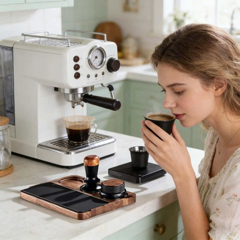 Heavy Duty Wooden Espresso Tamper Station Holder Fits 51mm To 58mm Portafilters with coffee and user in a cozy kitchen setting.