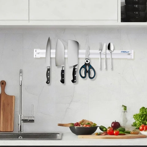 4 Pack Magnetic Tool Holder Strips 19.7 Inch Wall Mount Organizer For Garage Workshop Workbench And Van Storage Strong Magnetic Tool Bars With Mounting Brackets And Screws Keeps Tools Visible And Within Reach displaying kitchen knives and utensils neatly.