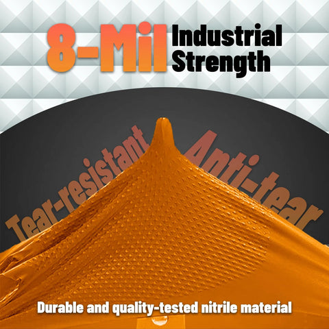 Orange nitrile glove with diamond-grip texture, 8-mil industrial-strength, close-up view