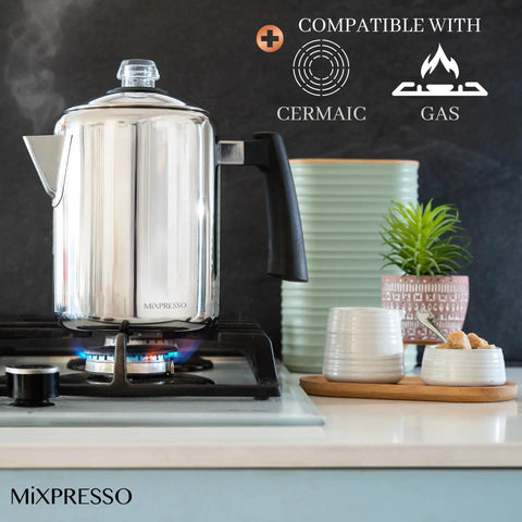 Stainless Steel Coffee Percolator For Stovetop 37oz 2 To 8 Cup Pot With Cool Touch Handle Perfect For Camping And Home Use Camp Stove Top Espresso Maker Easy Brew Rich Flavor Morning Boost placed on stovetop with flame visible