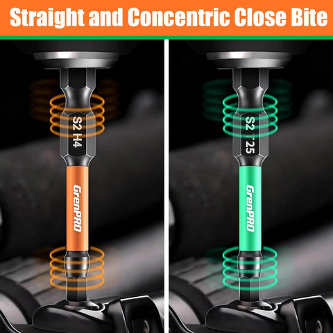 Straight and concentric close bite of Impact Screwdriver Bits Set 33 Piece With Two Inch Allen And Torx Bits SAE And Metric S2 Steel
