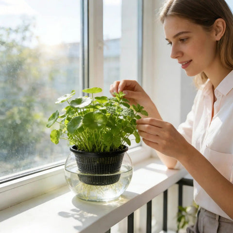 Person tending plants in Heavy-Duty Weather-Resistant Hydroponic Baskets For Ponds And Gardens on a window ledge