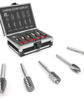Tungsten carbide burr set, 5-piece, 1/4 in shanks, double-cut, in aluminum storage case