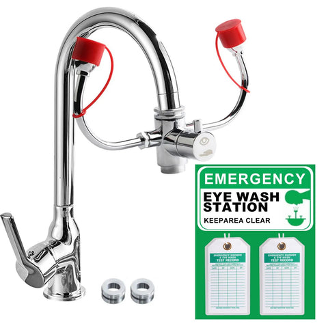 Heavy Duty Emergency Shower And Eye Wash Test Record Tags, Tough As Nails Double Sided Safety Compliance Holders With Solid Brass Grommets, Pack Of Twenty Five with chrome faucet and test record tags.
