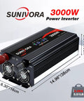 3000W Power Inverter 12V To 120V DC To AC Converter With LCD Remote features dual cooling fans and size specifications.