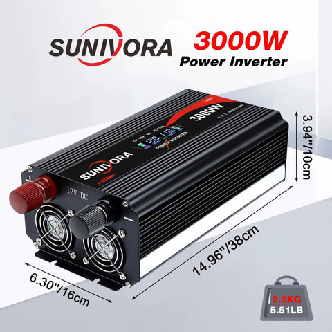 3000W Power Inverter 12V To 120V DC To AC Converter With LCD Remote features dual cooling fans and size specifications.