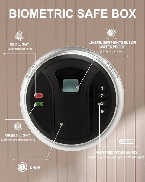 Biometric Fingerprint Home Safe With Quick Access Digital Lock Box control panel and sensor close-up