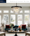 Black Crystal Chandeliers Modern Round Ceiling Light Fixture 20 Inch Dimmable 9 Lights 3 Tier Raindrop Pendant in living room