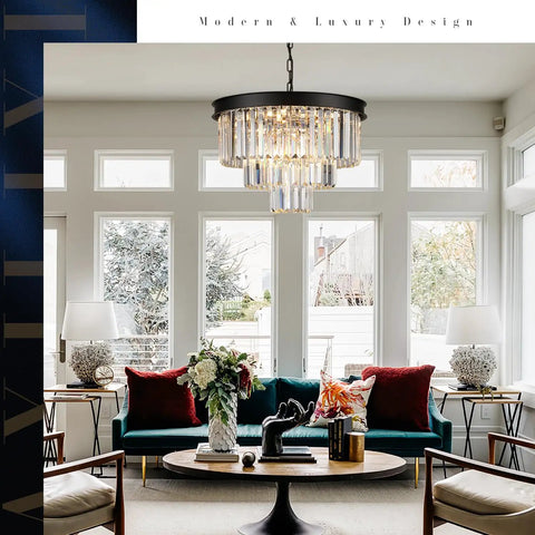 Black Crystal Chandeliers Modern Round Ceiling Light Fixture 20 Inch Dimmable 9 Lights 3 Tier Raindrop Pendant in living room