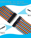 240 Pcs Breadboard Jumper Wires Kit With 4 Inch And 8 Inch Lengths Awesome For Quick DIY Arduino And Raspberry Pi Projects M To F M To M And F To F Connectors 0.1 Inch Pitch 2.54mm, close-up of color-coded male and female connectors