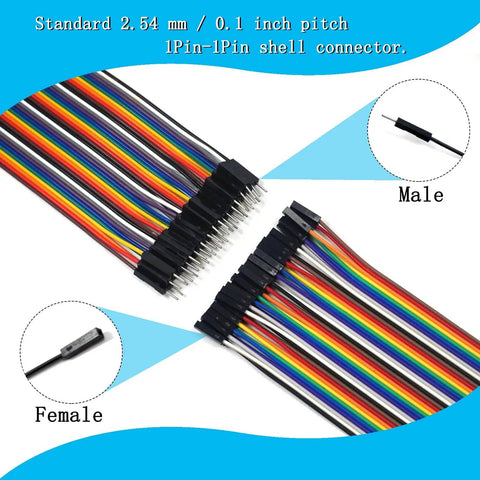 240 Pcs Breadboard Jumper Wires Kit With 4 Inch And 8 Inch Lengths Awesome For Quick DIY Arduino And Raspberry Pi Projects M To F M To M And F To F Connectors 0.1 Inch Pitch 2.54mm, close-up of color-coded male and female connectors