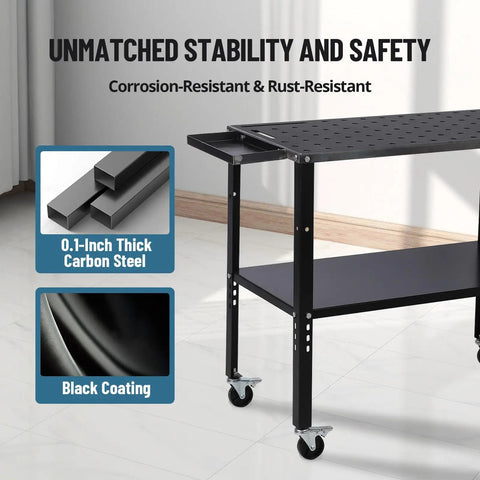 Heavy Duty Steel Welding Table Rock Solid Workbench Delivering Knockout Stability And A Massive 1200 Pound Weight Limit 36 X 19 Inch Surface with rust-resistant black coating.