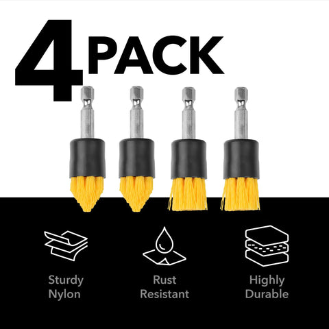 Four Pack Drill Brush Attachments For Grout And Tile Cleaning Quick Change Shafts Cordless Drill Compatible Yellow Bristles