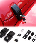 Locking Hood Latch Kit For Jeep Wrangler Skull Style Aluminum Alloy Hood Locks, keys, and components on red Jeep