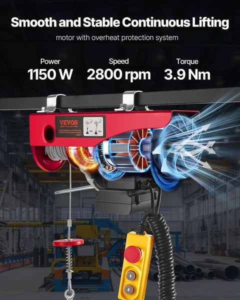 Electric Hoist With 14 Ft Wired Remote, 1320 Lb Capacity, 110V Winch displaying motor and features in industrial setting