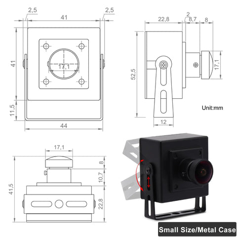 5MP 30FPS USB Fisheye Camera With IMX335 Sensor And M12 Lens for industrial use, metal case, compact dimensions shown in mm.