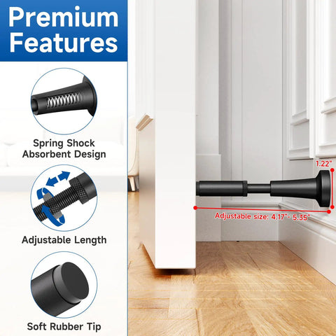 Built Like A Tank Adjustable Spring Door Stopper With Non Slip Silicone Pad Heavy Duty Wall Blocker Rust Resistant Matte Black Finish Premium Aluminum Alloy Shock Absorber Kickproof Home Hardware Upgrade showcasing adjustable length and shock absorbent design.