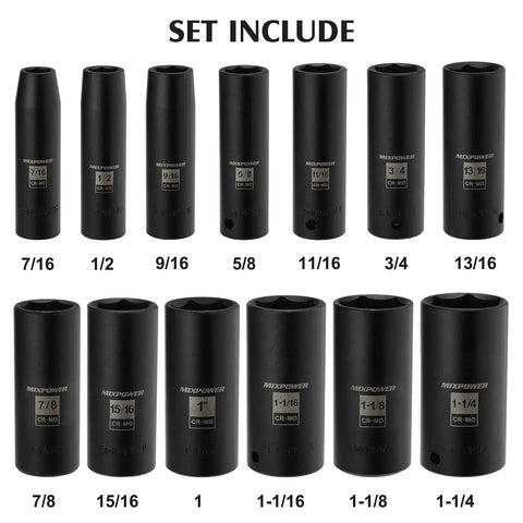 Pro Grade One Half Inch Drive Deep Impact Socket Set, 29-Piece CR-Mo Steel Kit With Metric And SAE Sizes shown in rows.