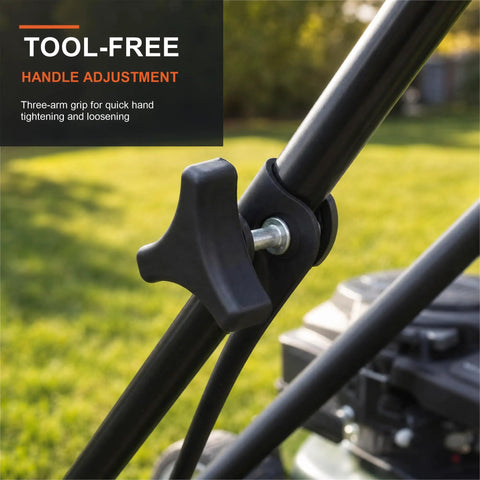 Upgrade Your Lawn Mower Game With This Slick Four-Set Handle Knob And M8 Bolt Repair Kit Featuring 47mm Stainless Hardware For A Snug Fit That Keeps Your Deck Gripping Strong So You Can Get Back To Mowing Smoothly Today. Black three-arm handle knob on mower handle with M8 bolt, tool-free adjustment