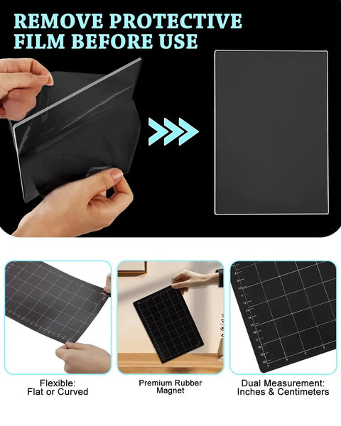 Hands peeling protective film from Pro Grade Magnetic Die Cutting Shim And Cutting Pads Kit 9x6 Inch Magnetic Mat for crafts.