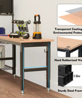 60 Inch Adjustable Workbench With Rubber Wood Top Heavy Duty Workstation 2000 Lbs Load Capacity Hardwood Work Table With Power Outlets For Garage And Workshop, featuring tools and steel frame.