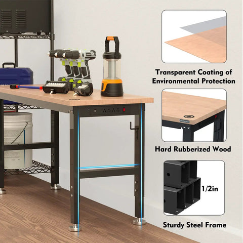 60 Inch Adjustable Workbench With Rubber Wood Top Heavy Duty Workstation 2000 Lbs Load Capacity Hardwood Work Table With Power Outlets For Garage And Workshop, featuring tools and steel frame.