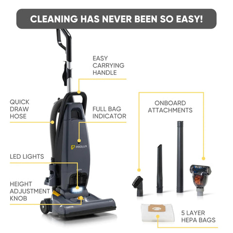 Prolux Phantom Pro Commercial Upright Vacuum With HEPA Filtration And Bagged Design Offering High Suction Power For Deep Cleaning. This Lightweight 12Lb Beast Is Perfect For Business And Professional Use, Featuring Onboard Tools And Easy Handling For