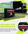 Rugged Protective Case With Built In Level For Launch Monitors Like SkyTrak Plus, Metal Shield, Grass Surface, Side View