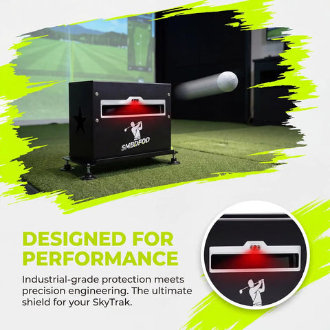 Rugged Protective Case With Built In Level For Launch Monitors Like SkyTrak Plus, Metal Shield, Grass Surface, Side View