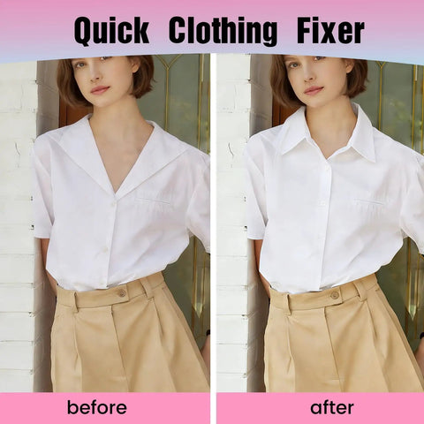 Woman wearing white shirt and beige skirt before and after using Pro Grade Dope Fabric Stitch Gun And Tagging Tool Kit.