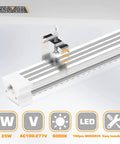 Close-up of 25W LED shop light installation with bright 6000K daylight, showing plug, linkable design, and mounting bracket.