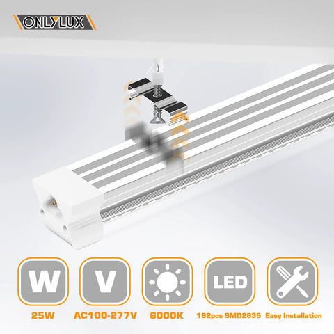 Close-up of 25W LED shop light installation with bright 6000K daylight, showing plug, linkable design, and mounting bracket.