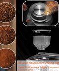 Darn Good Semi Automatic Espresso System With Integrated Conical Burr Grinder showing 30 level grinding settings and coffee grounds.