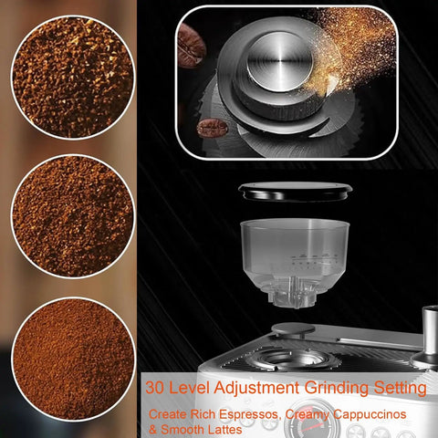 Darn Good Semi Automatic Espresso System With Integrated Conical Burr Grinder showing 30 level grinding settings and coffee grounds.