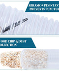Close-up of 4 Inch PVC Dust Collection Hose 30 Ft Long Flexible Clear Vacuum Fume Hose With Stainless Steel Clamps Set Heavy Duty Puncture Resistant For Vacuums And Dust Collection Systems showing its abrasion resistance and wood chip collection.