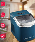 Retro Compact Ice Maker With Bullet Ice, Produces Up To 26 Lbs Per Day, Fast 6 Minute Cube Batches, Stores 2.2 Lbs Per Batch, Perfect Home Bar Countertop Blue Finish, shown on a countertop with controls visible.