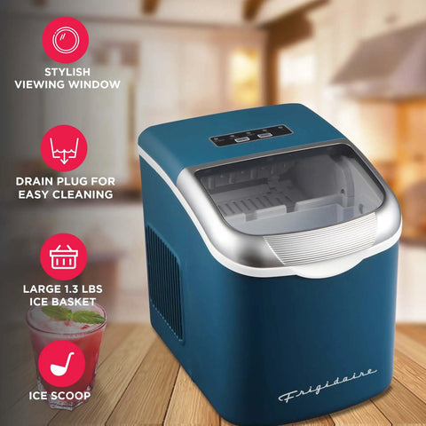 Retro Compact Ice Maker With Bullet Ice, Produces Up To 26 Lbs Per Day, Fast 6 Minute Cube Batches, Stores 2.2 Lbs Per Batch, Perfect Home Bar Countertop Blue Finish, shown on a countertop with controls visible.