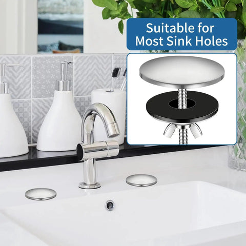 Heavy Duty 2 Inch Sink Hole Cover Featuring A Tight Leak Proof Seal For Kitchen And Bathroom Faucets, stainless steel cap in sink.