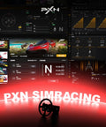 Sim racing software display with steering wheel silhouette and "PXN Simracing" text, showcasing features for Direct Drive Racing Wheel Bundle