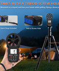 866A HVAC Anemometer Pro CFM Air Flow Meter With USB Handheld Wind Speed Temperature Humidity And Dew Point Gauge For Ductwork And HVAC Pros Boss Level Airflow Monitoring Device, tripod mount