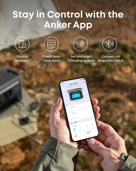 Person holding phone displaying app interface for SOLIX C800X Portable Power Station With 100W Solar Panel 1200W Peak Output