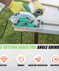 Angle grinder with 4.5-inch indestructible diamond cut-off disc on 7/8-inch arbor, for tile, glass, metal.