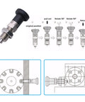Heavy Duty Stainless Steel Index Plunger Pin M20 Spring Loaded Knob shown with diagrams for locking mechanism and usage.