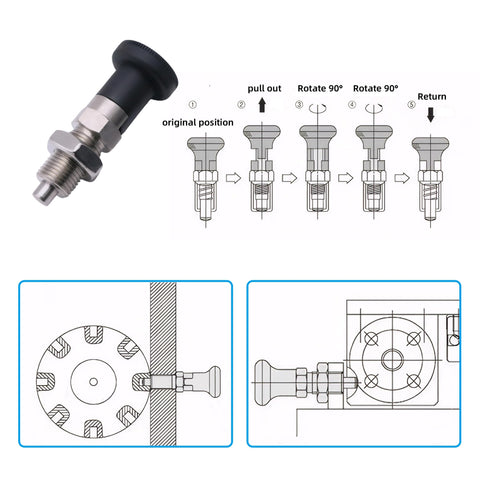 Heavy Duty Stainless Steel Index Plunger Pin M20 Spring Loaded Knob shown with diagrams for locking mechanism and usage.