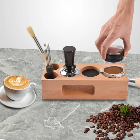 Five Piece Espresso Tamper Station Kit With Wooden Distributor, Calibrated Spring Loaded Tamper, Espresso Stirrer, Cleaning Brush, And 58mm Tamping Mat Pro Grade Barista Gear For Home Or Cafe Use