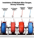 Rock Solid Stainless Steel Cable Reel Holder And Heavy Duty Wire Spool Rack Dispenser with colored wires and spool sizes displayed.