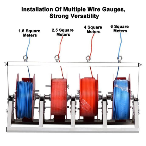 Rock Solid Stainless Steel Cable Reel Holder And Heavy Duty Wire Spool Rack Dispenser with colored wires and spool sizes displayed.